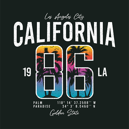 California t-shirt design with number on sunset beach sky background and silhouette of palm trees.  Los Angeles typography graphics for tee shirt with tropical palm trees and grunge. Vector.