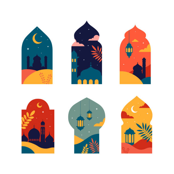 jendela arab dengan masjid, gurun, bulan dengan desain retro boho, ilustrasi gaya datar - arabian peninsula ilustrasi stok