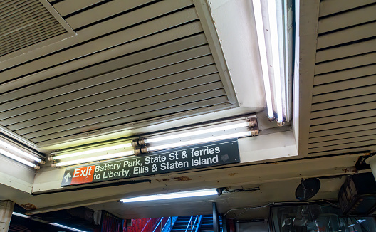A sign inside the subway for Bowling Green, New York City, USA.