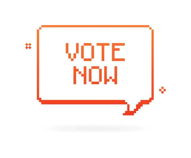 Vector illustration of Vote Now pixel banner icon. Speech bubble. Flat style. Vector icon