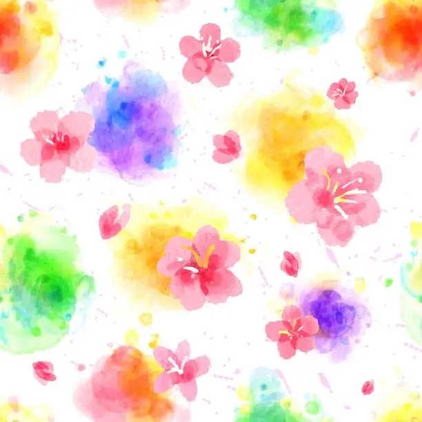 Vector illustration of Rainbow watercolor spots and sakura flowers