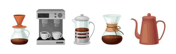 Coffee Drink Brewing Equipment and Device Vector Set. Hot Aromatic Beverage Preparation Appliance