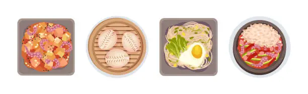 Vector illustration of Korean Food and Dish Served on Plate Above View Vector Set