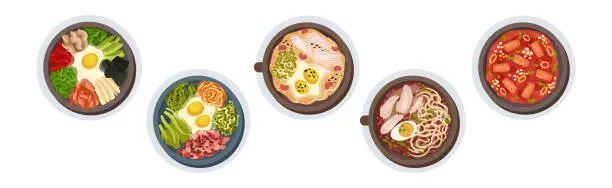 Vector illustration of Korean Food and Dish Served on Plate Above View Vector Set