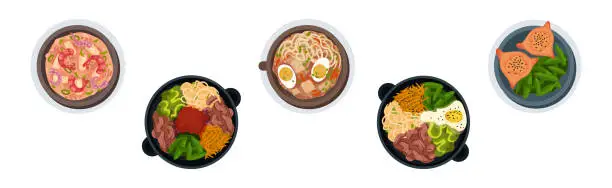 Vector illustration of Korean Food and Dish Served on Plate Above View Vector Set
