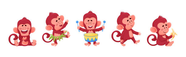 playful monkey character engaged in different activity vector set - drum kit点のイラスト素材／クリップアート素材／マンガ素材／アイコン素材
