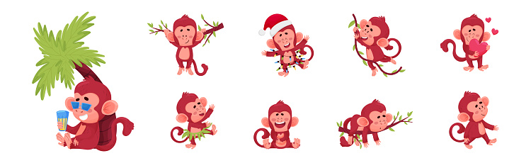 Playful Monkey Character Engaged in Different Activity Vector Set. Funny Zoo Mammal with Long Tail