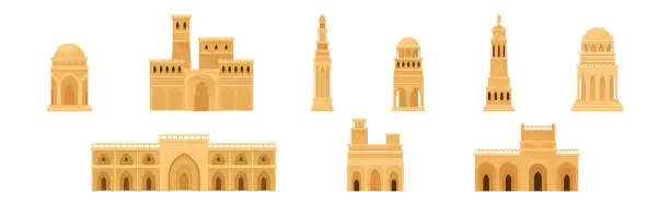 Vector illustration of Arabic Architecture and Buildings with Arch Window Geometric Ornament Vector Set