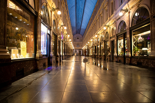 March 8th 2024. Royal Gallery of Saint Hubert in Brussels, Belgium - Photographed very early morning before sunrise. The glazed shopping arcade consists of the King's Gallery and the Queen's Gallery (pictured here).