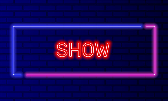 Neon sign show in speech bubble frame on brick wall background vector. Light banner on the wall background. Show button podcast and interview, design template, night neon signboard.