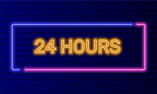 Neon sign 24 hours open in speech bubble frame on brick wall background vector. Light banner on the wall background. Overnight button open all day convenience, design template, night neon signboard.