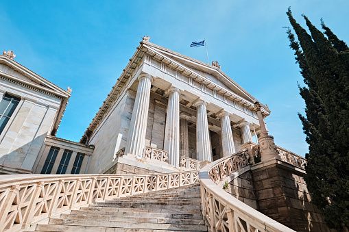 Athens, Greece - March 03, 2024: Architectural details of former National Library of Athens, an architectural masterpiece built in late 1800's by architects Ernst Ziller and Theo Hansen