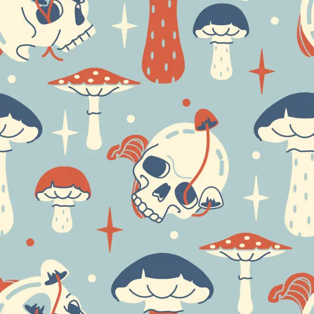 Vector illustration of Playful and trippy seamless pattern with mushrooms and skull. Retro floral backdrop. Tricky background with fungi, toadstools and amanita. Muted color, limited palette