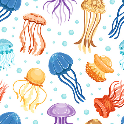 Seamless Pattern with Vibrant Jellyfish Having Umbrella-shaped Bells and Trailing Tentacles Vector Template. Repeatable Design with Swimming Medusa and Text in Round Frame Concept