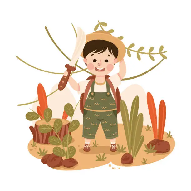 Vector illustration of Little Boy in the Jungle with Backpack and Sword Exploring Tropical Environment Vector Illustration