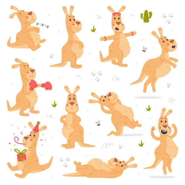 Vector illustration of Funny Kangaroo Marsupial Animal Engaged in Different Activity Vector Set