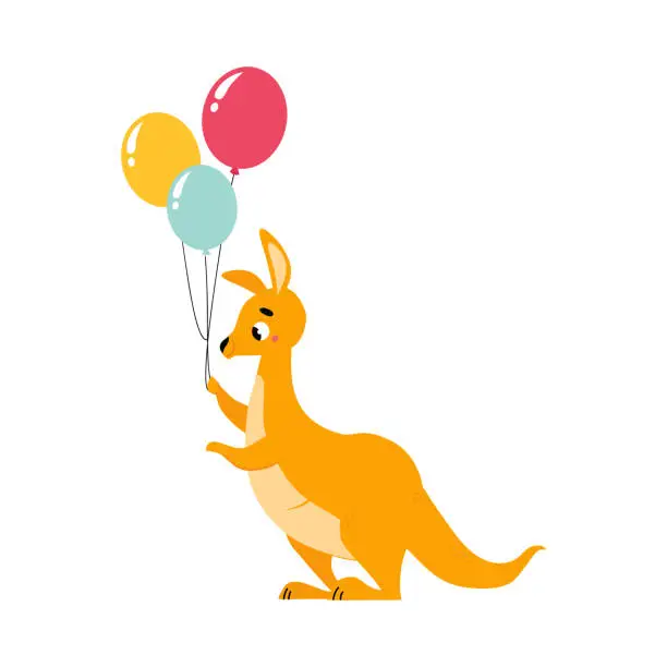 Vector illustration of Cute Brown Kangaroo Marsupial Character with Pouch Holding Bunch of Balloons Vector Illustration