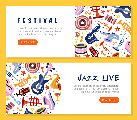 Jazz Musical Festival and Concert Landing Page with Instrument Vector Template. Advertising Banner Design for Musician Performance Concept