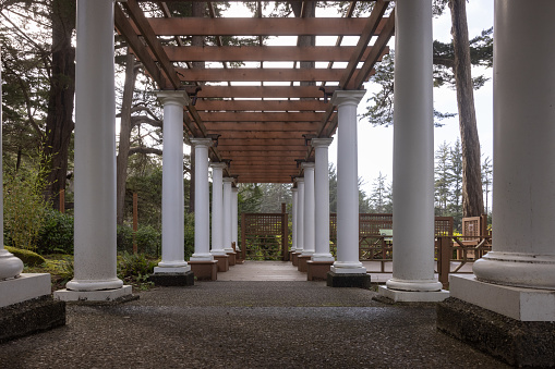 A long walkway with white pillars and a wooden roof