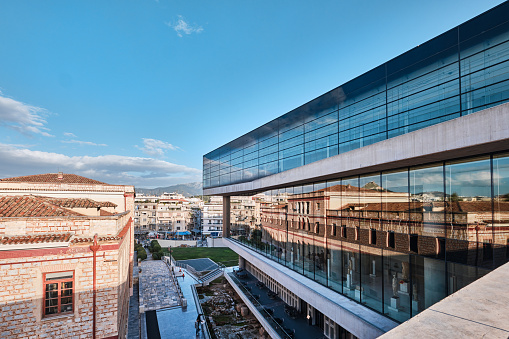 Athens, Greece - March 03, 2024:  Facade of the Acropolis Archaeological Museum designed by Bernard Tschumi