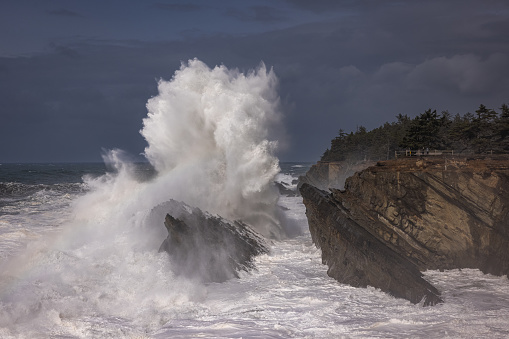 Giant waves crashing against the rocks in Shore Acres, Oregon creating a spectacular landscape specially during the winter months when the storms move in.