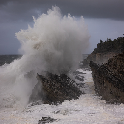 Giant waves crashing against the rocks in Shore Acres, Oregon creating a spectacular landscape specially during the winter months when the storms move in.