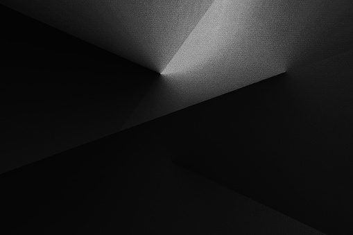 Black white dark gray abstract background. Geometric shape. Line angle 3D. Gradient. Glow shine light bright. Rough grain noise. Design.