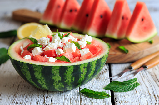 watermelon salad served in watermelon