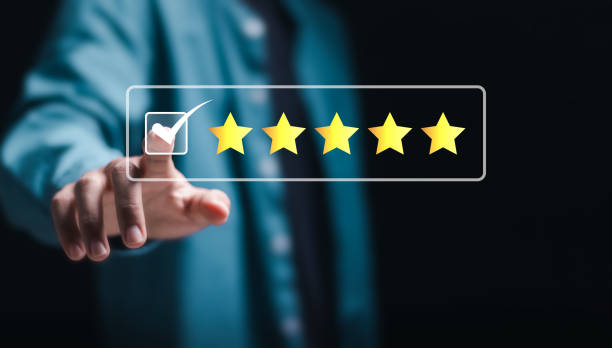 istock Customer experience concept. Person choose virtual five star excellent rating for feedback review satisfaction service. 2083967475