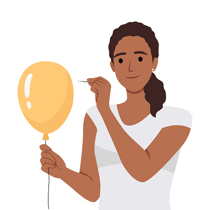 Young woman pierces balloon with needle and looks forward smiling. Flat vector illustration isolated on white background