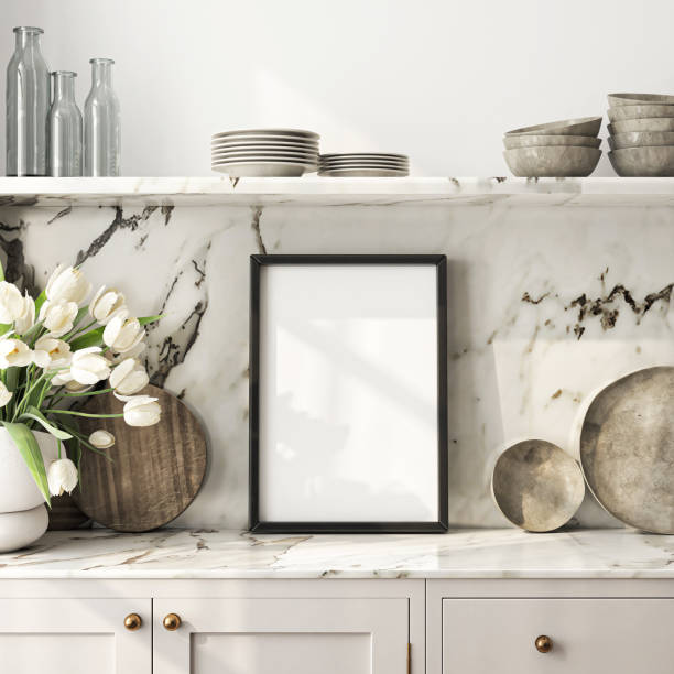 Frame mockup, ISO A paper size. Kitchen wall poster mockup. Interior mockup with house background. Modern interior design. 3D render