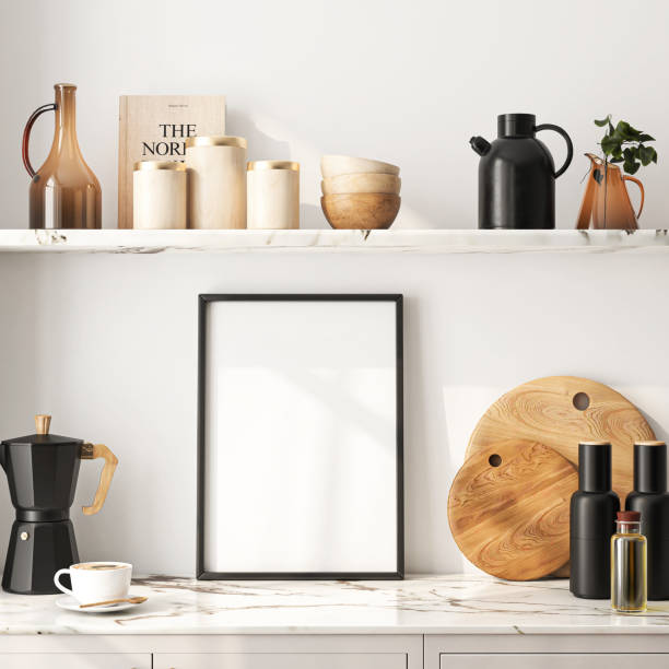 istock Frame mockup, ISO A paper size. Kitchen wall poster mockup. Interior mockup with house background. Modern interior design. 3D render 2083976975