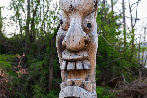 Close-up view of a totem pole carving. Shallow depth of field, focus on face.
