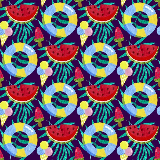 Vector illustration of summer seamless pattern with ring,  watermelon and ice cream. Tropical floral background