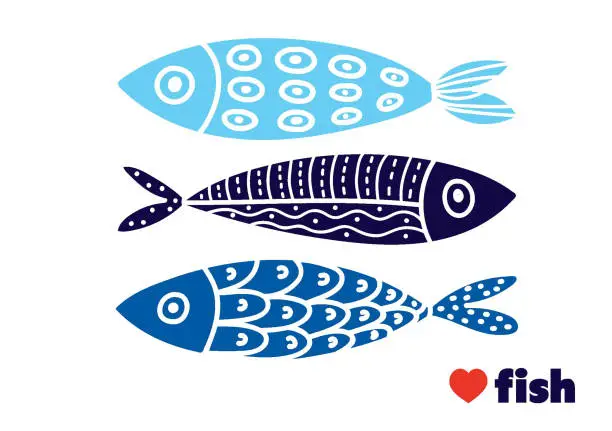 Vector illustration of Cute retro colorful cartoon illustration with  fish on white background.