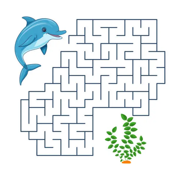 Vector illustration of Vector children's play labyrinth. Undersea world. Help the dolphin find the right path. Maze for children learning.