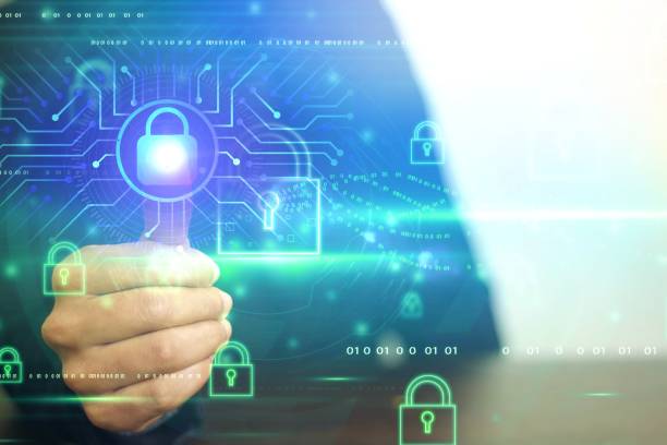 istock Business man with hand touching a digital screen with cybersecurity concept icons. 2084013664