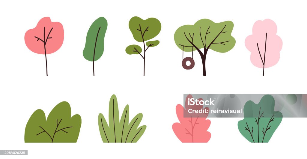 Spring Tree Cartoon Simple Set Of Spring Trees And Bushes Cartoon Flat Vector Illustration ...