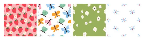 Vector illustration of Set of colorful spring and summer seamless patterns, cartoon flat vector illustration.