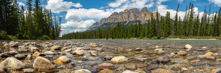 Panoramic scenery in Banff National Park at Castle Mountain with blue sky clouds background.