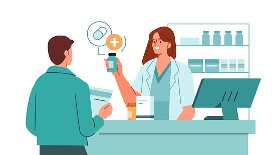 Pharmacist standing at pharmacy counter, talking with patient, consulting about prescription drug. Pharma professional at drugstore concept. Vector illustration.