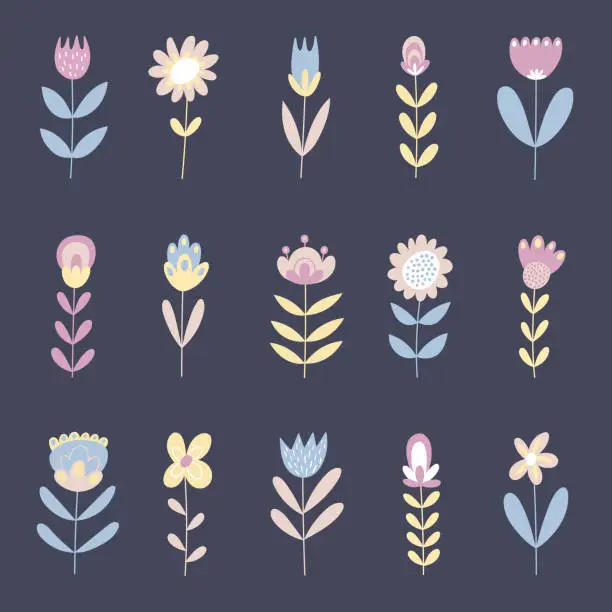 Vector illustration of Beautiful spring flower collection with flowers, leaves, floral elements, branches. Vector icons, botanic set.