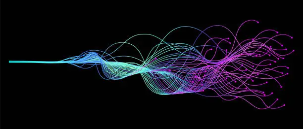 Vector illustration of Vector abstract wavy blue and purple light lines artificial intelligence and deep learning concept of neural network.