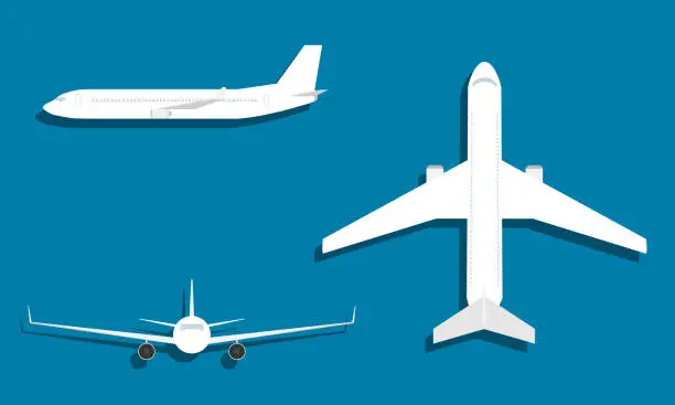 Vector illustration of Airplane from different angles on a blue background with shadow. Airplane icon. Vector, design illustration. Vector.