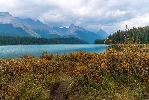 Moose Lake Loop Hike at Maligne Lake during fall, autumn September on cloudy day with reflection in clam water below stunning Canadian landscape scene.