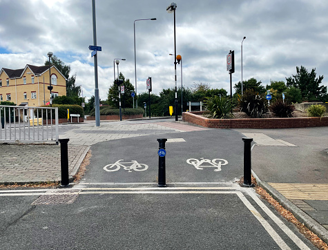 An LTN with bicycle lane and bollards in a residential district in Walthamstow, East London