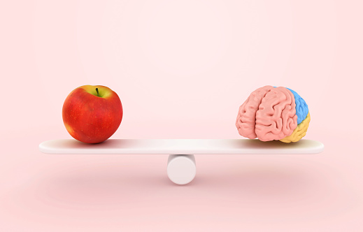 Brain and Apple on Seesaw - Color Background - 3D rendering