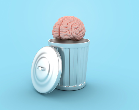 Brain on Trash Can - Color Background - 3D rendering