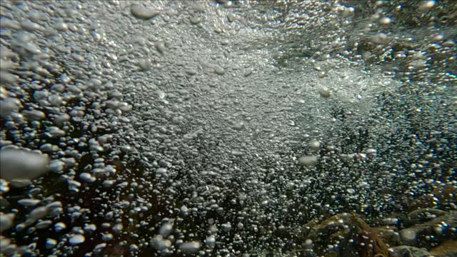 Camera slowly descends to subsurface in fast current of fresh water mixed with air bubbles flowing into sea