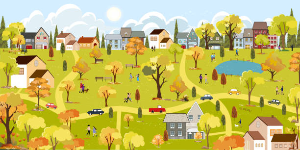 ilustrações, clipart, desenhos animados e ícones de paisagem da primavera na cidade com pessoas felizes caminhando no parque, ilustração vetorial cartoon temporada de verão na cidade com folhagem verde, panorama pacífico natural na cidade - residential district backgrounds beauty blue